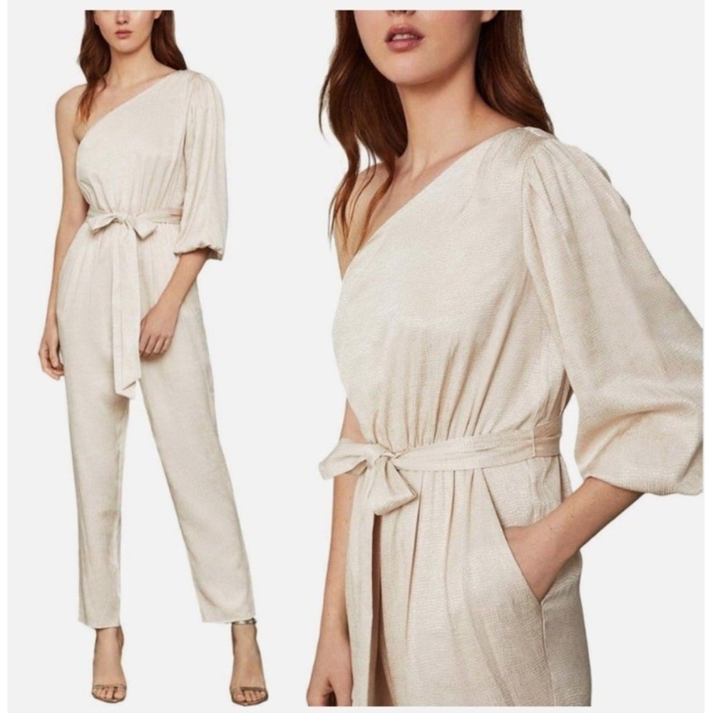 NWT BCBGMAXAZRIA Metallic One Shoulder Jumpsuits L Lightweight $278